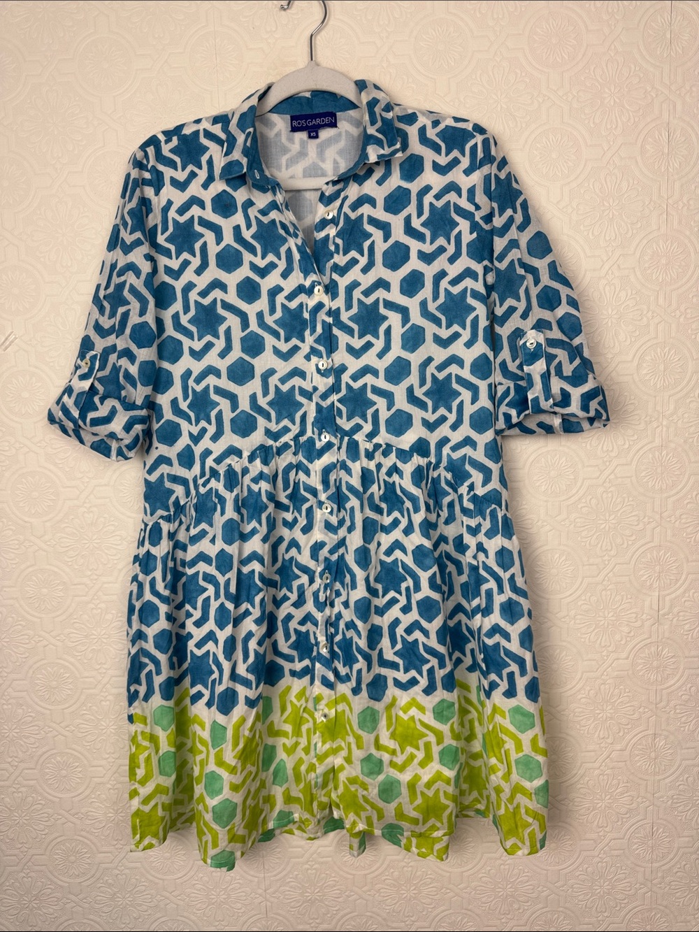 Anthropologie Ro’s Garden Cotton Shirt Dress XS Blue Green Geometric Print Tunic
